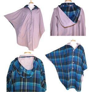 Reversible Hooded Poncho Blue Plaid Flannel / Lavender Cloak Winterset Brand